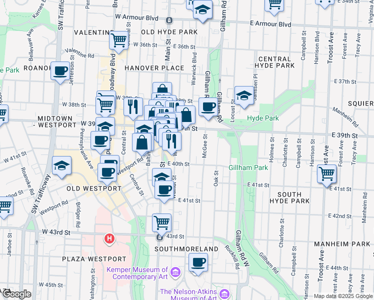 map of restaurants, bars, coffee shops, grocery stores, and more near 3932 Warwick Boulevard in Kansas City