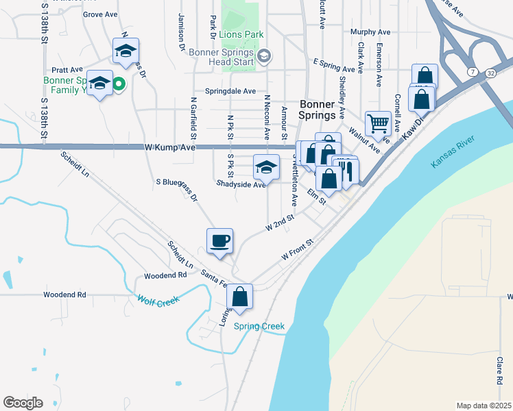 map of restaurants, bars, coffee shops, grocery stores, and more near 212 South Neconi Avenue in Bonner Springs