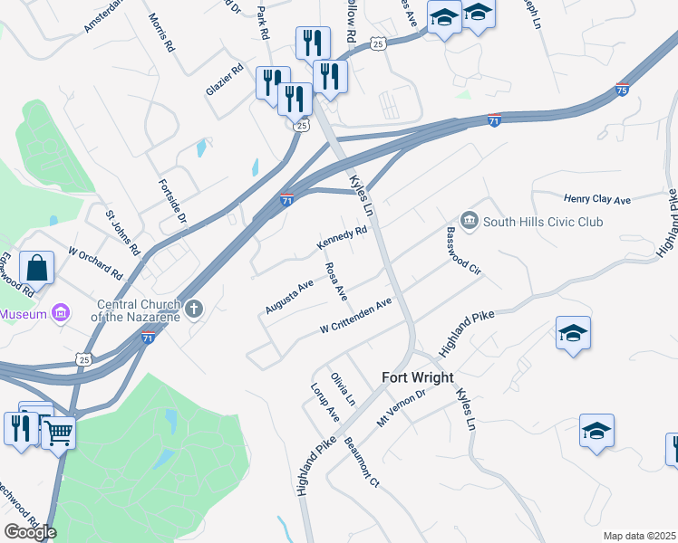 map of restaurants, bars, coffee shops, grocery stores, and more near 26 Lake Street in Fort Wright