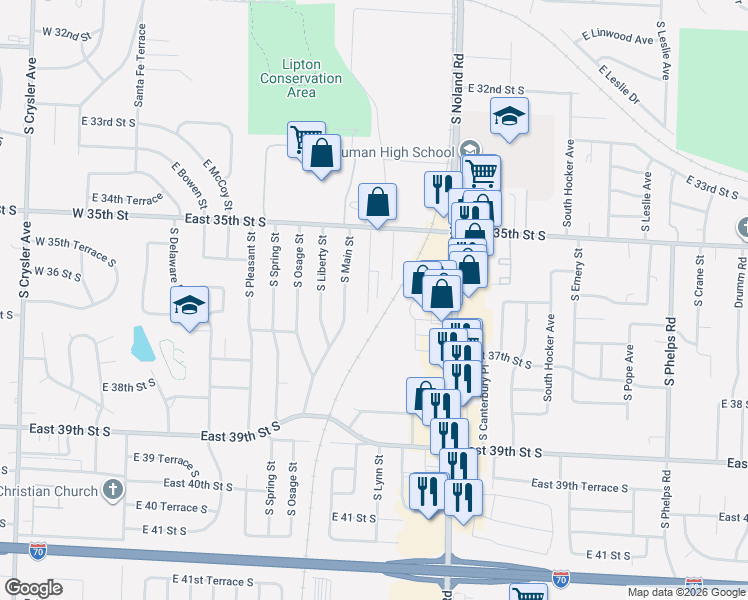 map of restaurants, bars, coffee shops, grocery stores, and more near 3538 South Lynn Street in Independence