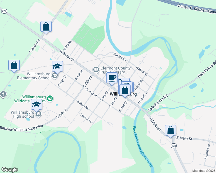 map of restaurants, bars, coffee shops, grocery stores, and more near 460 West Main Street in Williamsburg