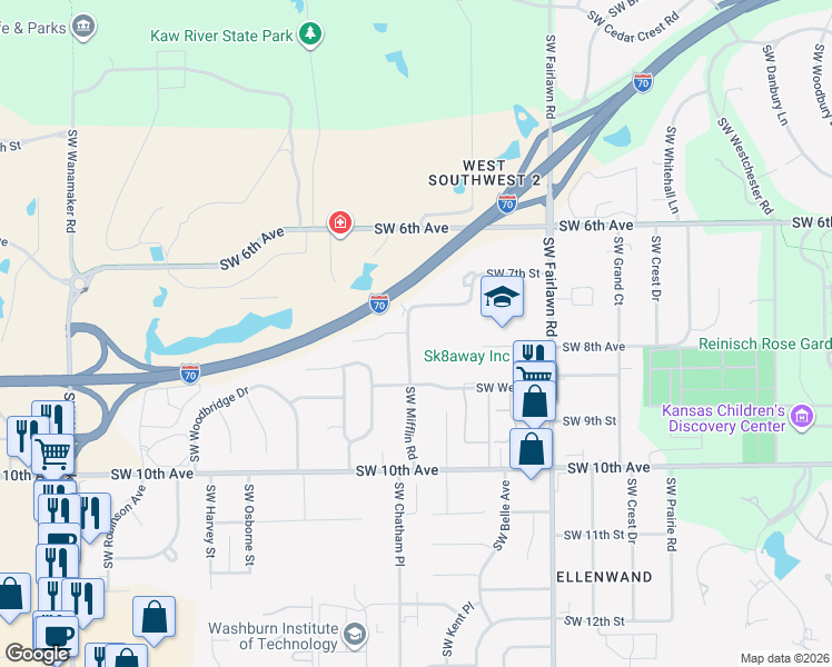 map of restaurants, bars, coffee shops, grocery stores, and more near 5423 Southwest 7th Street in Topeka