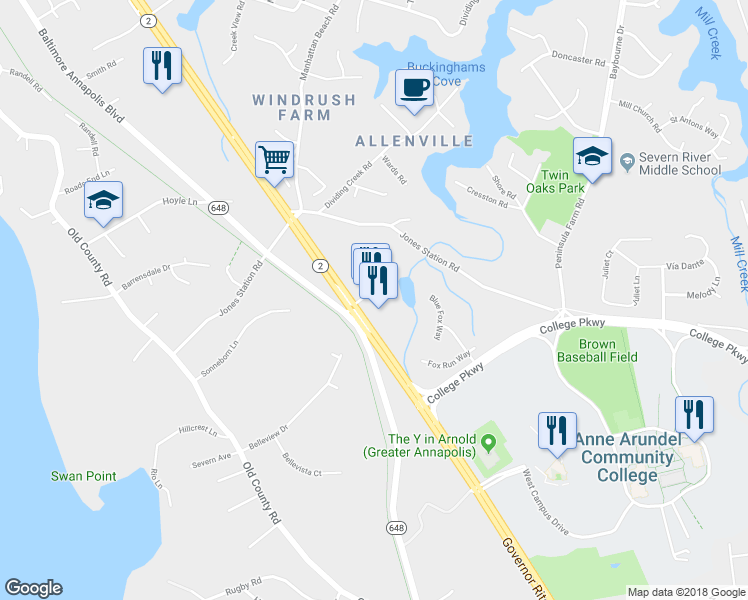 map of restaurants, bars, coffee shops, grocery stores, and more near 963 Ritchie Highway in Arnold