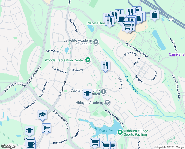 map of restaurants, bars, coffee shops, grocery stores, and more near 20265 Ordinary Place in Ashburn