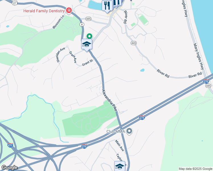 map of restaurants, bars, coffee shops, grocery stores, and more near 18 Hawthorne Avenue in Fort Thomas