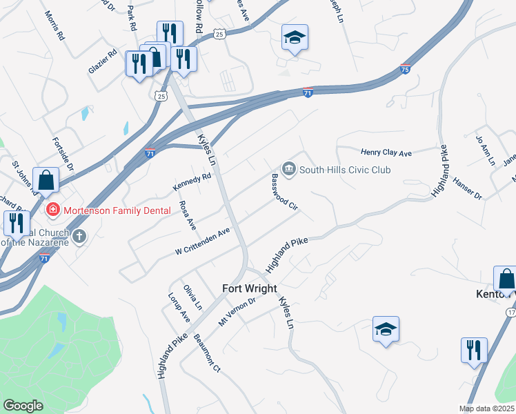 map of restaurants, bars, coffee shops, grocery stores, and more near 1612 East Crittenden Avenue in Fort Wright