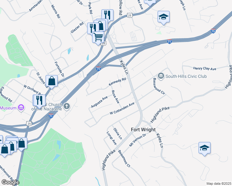 map of restaurants, bars, coffee shops, grocery stores, and more near 26 Lake Street in Fort Wright