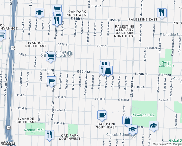 map of restaurants, bars, coffee shops, grocery stores, and more near 3839 Benton Boulevard in Kansas City