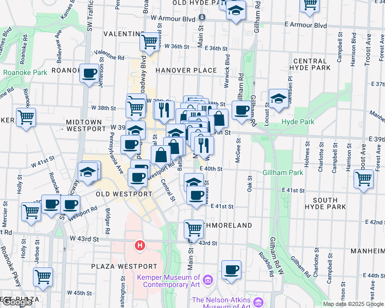 map of restaurants, bars, coffee shops, grocery stores, and more near 20 Westport Road in Kansas City