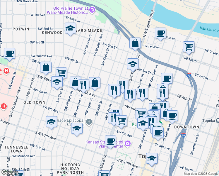map of restaurants, bars, coffee shops, grocery stores, and more near 612 Southwest 5th Street in Topeka