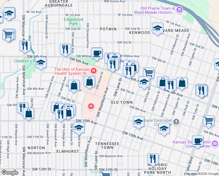 map of restaurants, bars, coffee shops, grocery stores, and more near 634 Southwest Washburn Avenue in Topeka