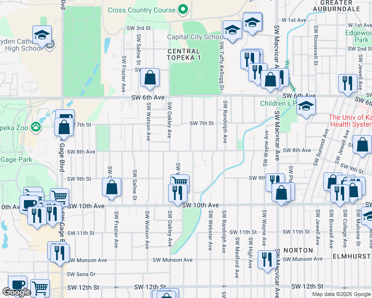 map of restaurants, bars, coffee shops, grocery stores, and more near 730 Southwest Vesper Avenue in Topeka