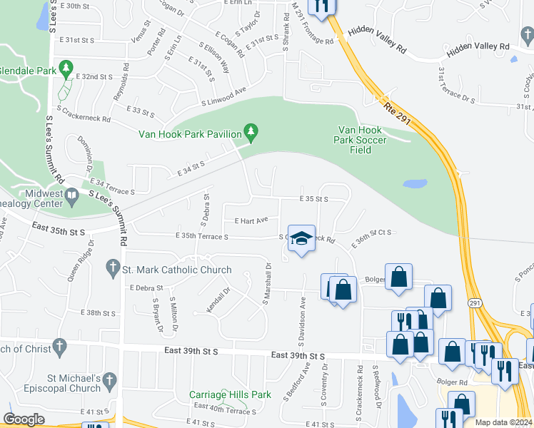 map of restaurants, bars, coffee shops, grocery stores, and more near 17104 East Hart Avenue in Independence