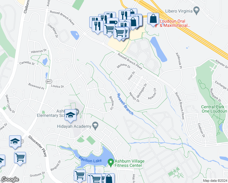 map of restaurants, bars, coffee shops, grocery stores, and more near 44148 Bristow Circle in Ashburn