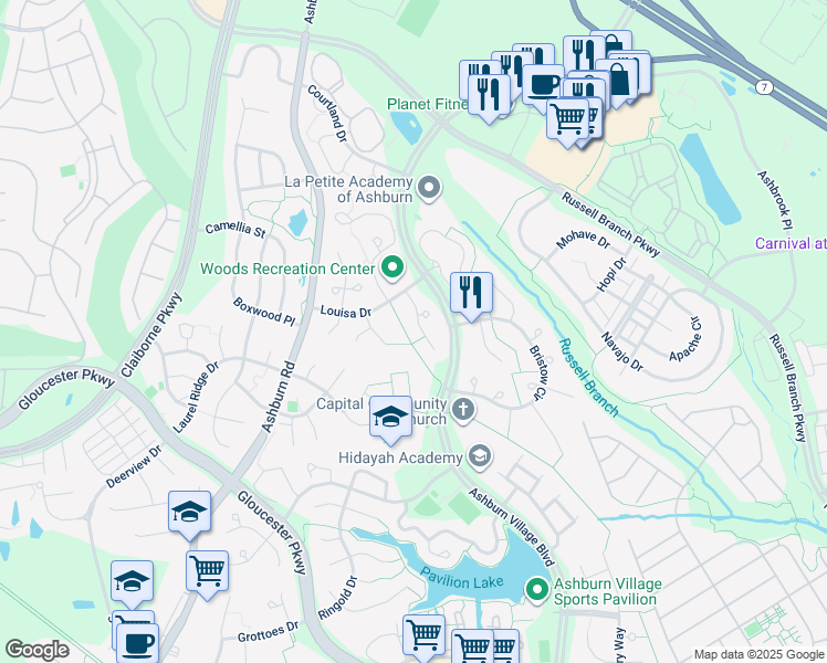 map of restaurants, bars, coffee shops, grocery stores, and more near 20265 Ordinary Place in Ashburn