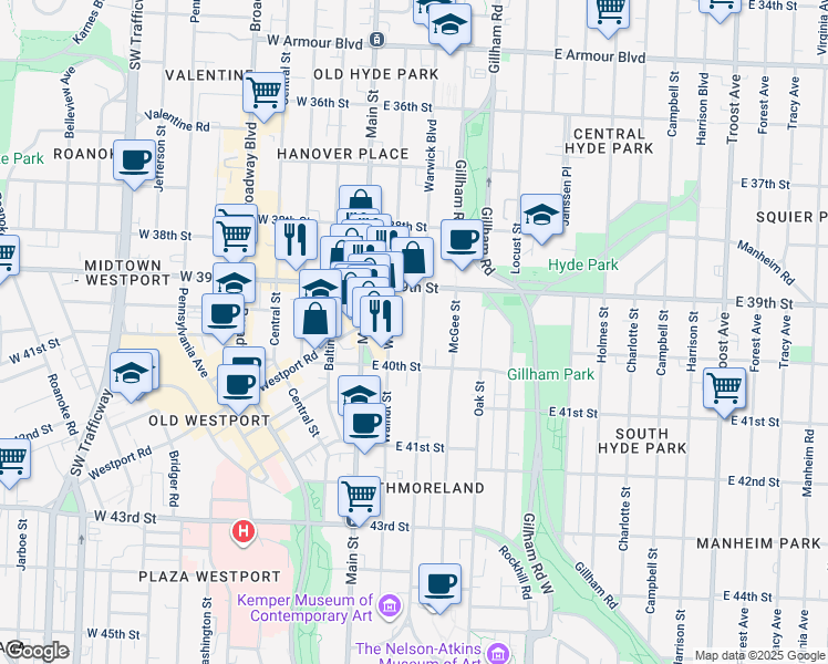 map of restaurants, bars, coffee shops, grocery stores, and more near 3928 Warwick Boulevard in Kansas City