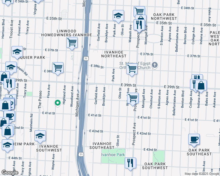 map of restaurants, bars, coffee shops, grocery stores, and more near 3844 Park Avenue in Kansas City