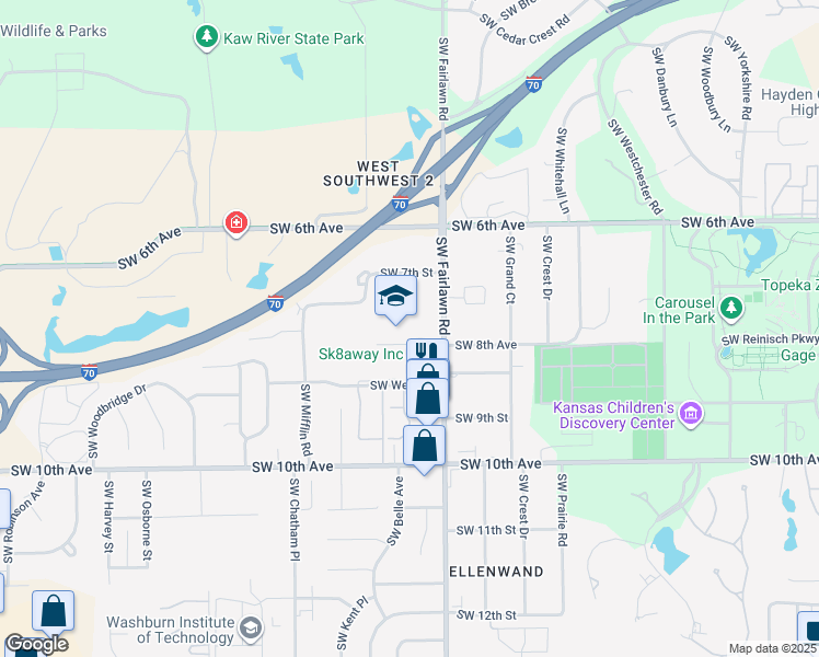 map of restaurants, bars, coffee shops, grocery stores, and more near 731 Southwest Fairlawn Road in Topeka