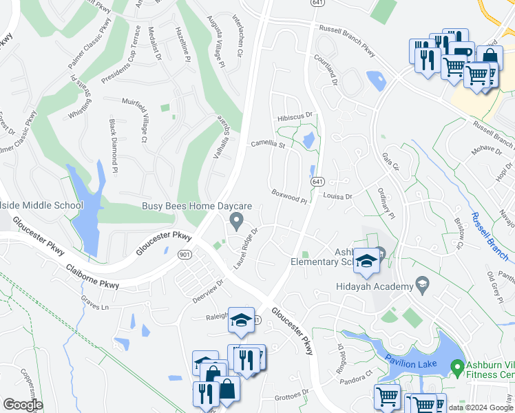 map of restaurants, bars, coffee shops, grocery stores, and more near 20277 Glenrobin Terrace in Ashburn