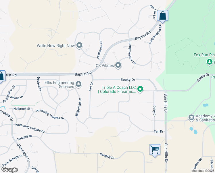 map of restaurants, bars, coffee shops, grocery stores, and more near 1065 Becky Drive in Colorado Springs