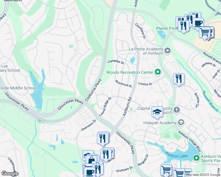 map of restaurants, bars, coffee shops, grocery stores, and more near 20277 Glenrobin Terrace in Ashburn