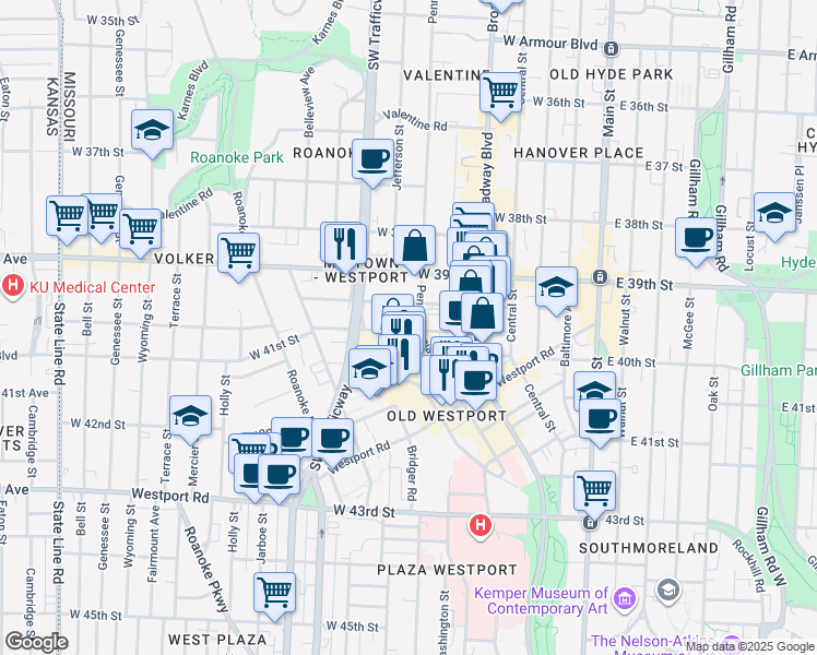 map of restaurants, bars, coffee shops, grocery stores, and more near 608 West 40th Street in Kansas City