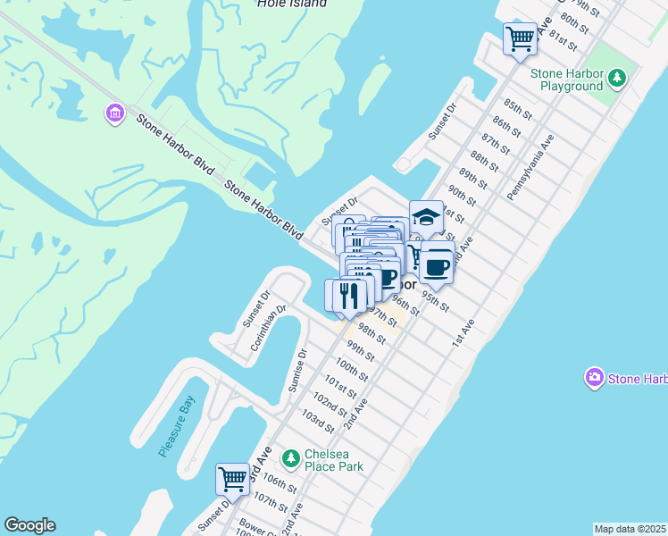 map of restaurants, bars, coffee shops, grocery stores, and more near 365 96th Street in Stone Harbor