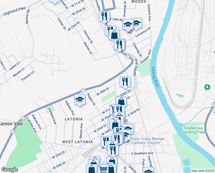 map of restaurants, bars, coffee shops, grocery stores, and more near 8 West 28th Street in Covington