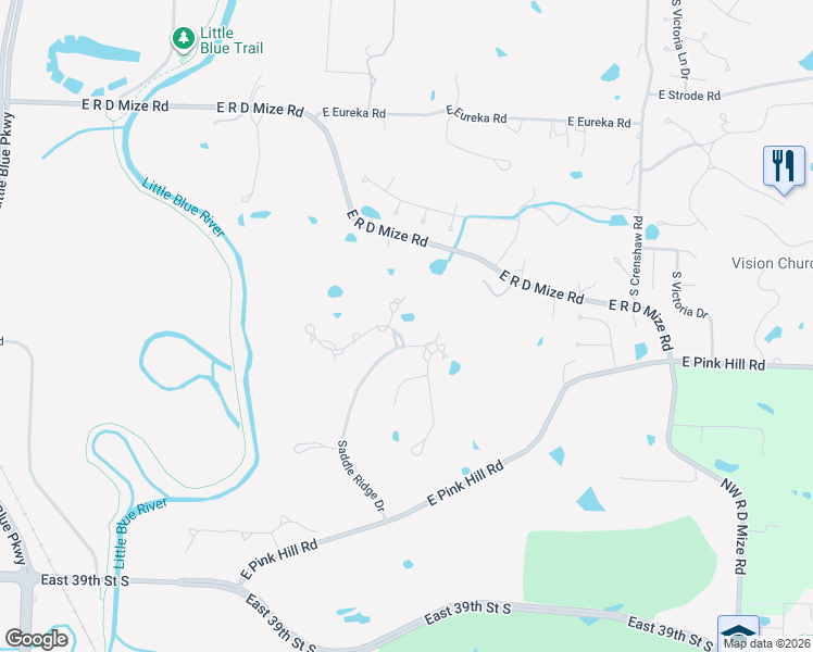 map of restaurants, bars, coffee shops, grocery stores, and more near 3321 South Saddle Ridge Court in Independence
