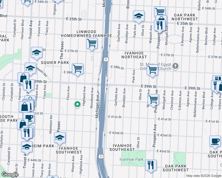 map of restaurants, bars, coffee shops, grocery stores, and more near 3902 Garfield Avenue in Kansas City