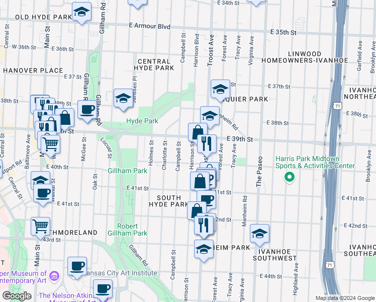 map of restaurants, bars, coffee shops, grocery stores, and more near 3916 Harrison Street in Kansas City