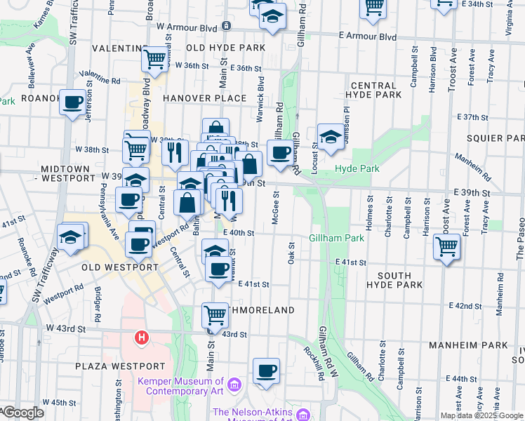 map of restaurants, bars, coffee shops, grocery stores, and more near 3924 Warwick Boulevard in Kansas City