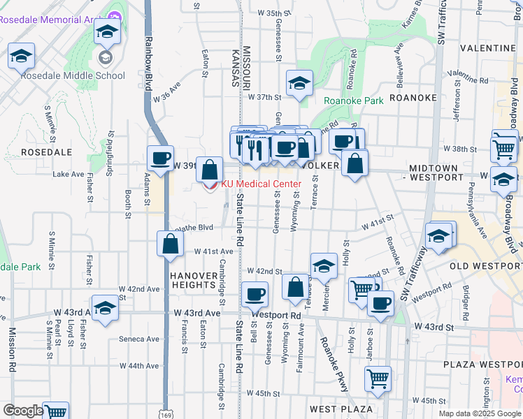 map of restaurants, bars, coffee shops, grocery stores, and more near 3950 Bell Street in Kansas City