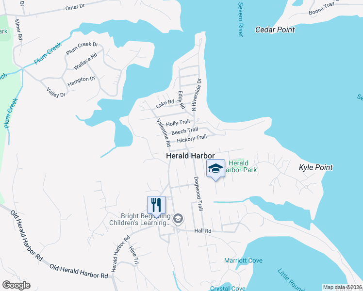 map of restaurants, bars, coffee shops, grocery stores, and more near 388 Elm Trail in Crownsville