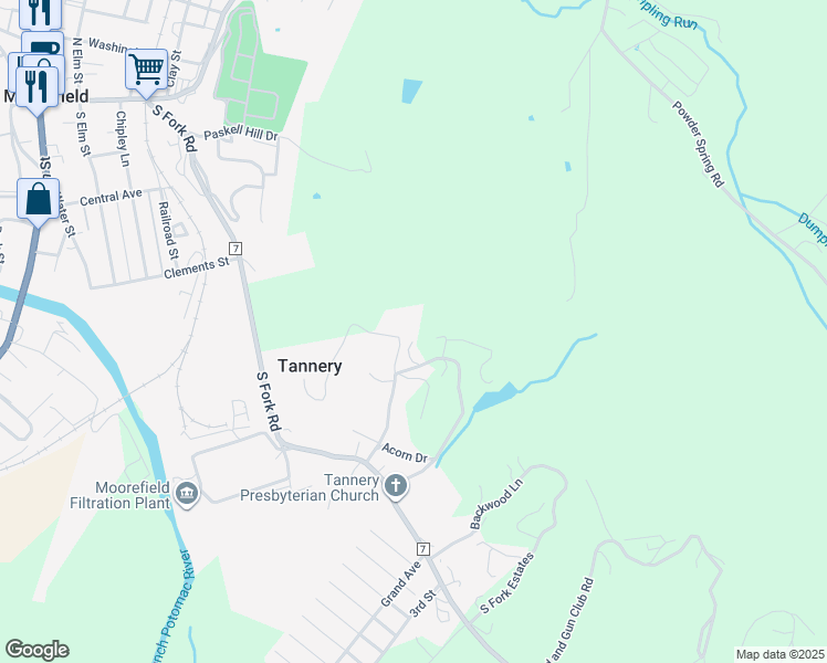 map of restaurants, bars, coffee shops, grocery stores, and more near 255 Tannery Hollow Road in Moorefield