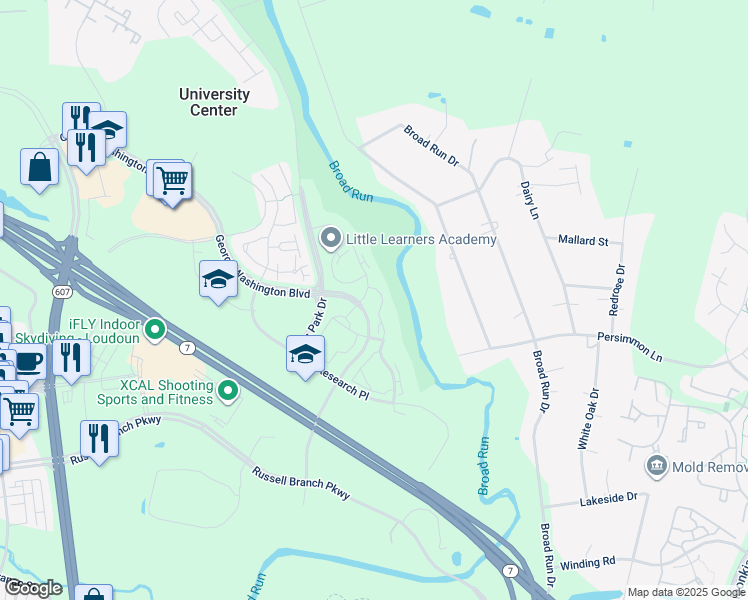 map of restaurants, bars, coffee shops, grocery stores, and more near 20255 River Ridge Terrace in Ashburn