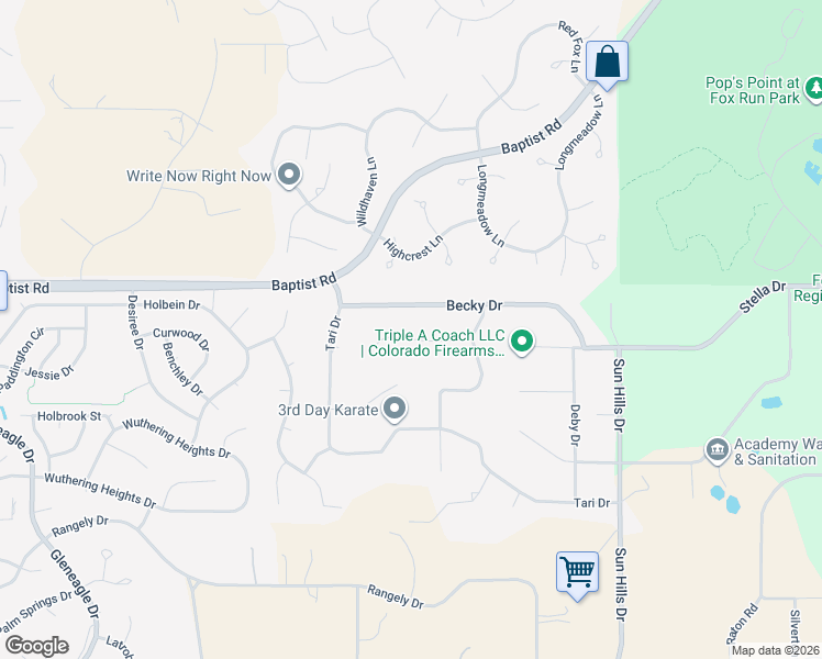 map of restaurants, bars, coffee shops, grocery stores, and more near 1155 Becky Drive in Colorado Springs