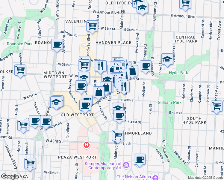 map of restaurants, bars, coffee shops, grocery stores, and more near 20 Westport Road in Kansas City