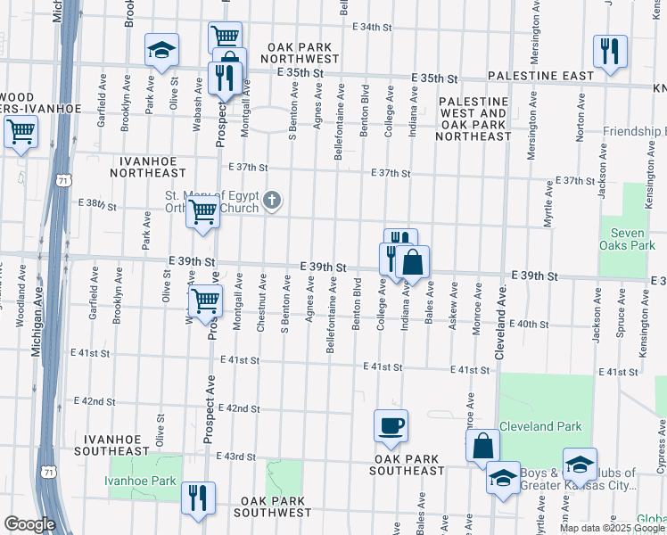 map of restaurants, bars, coffee shops, grocery stores, and more near E 39th St & Bellefontaine Ave in Kansas City