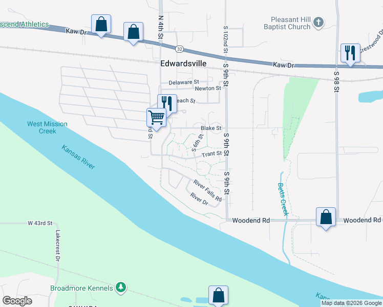 map of restaurants, bars, coffee shops, grocery stores, and more near 463 Trant Street in Edwardsville