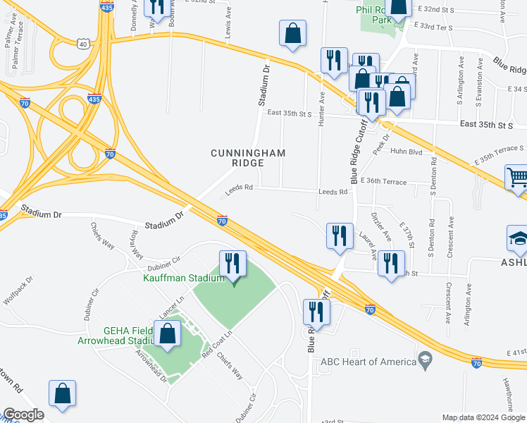 map of restaurants, bars, coffee shops, grocery stores, and more near 8809 Leeds Road in Kansas City