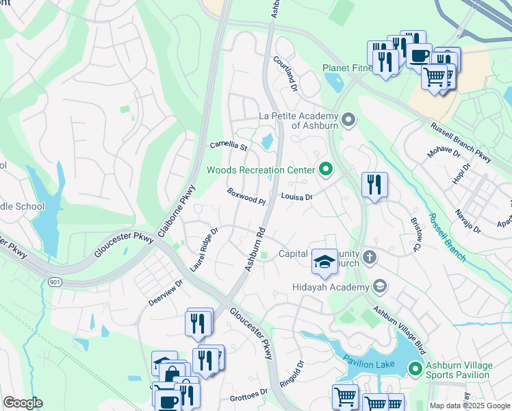 map of restaurants, bars, coffee shops, grocery stores, and more near 20201 Boxwood Place in Ashburn