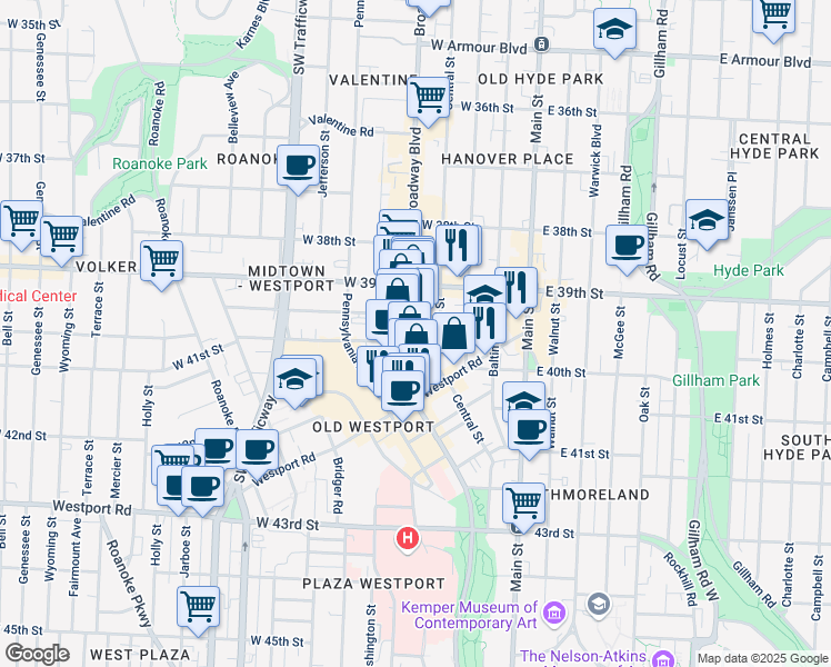 map of restaurants, bars, coffee shops, grocery stores, and more near 309 West 39th Street in Kansas City