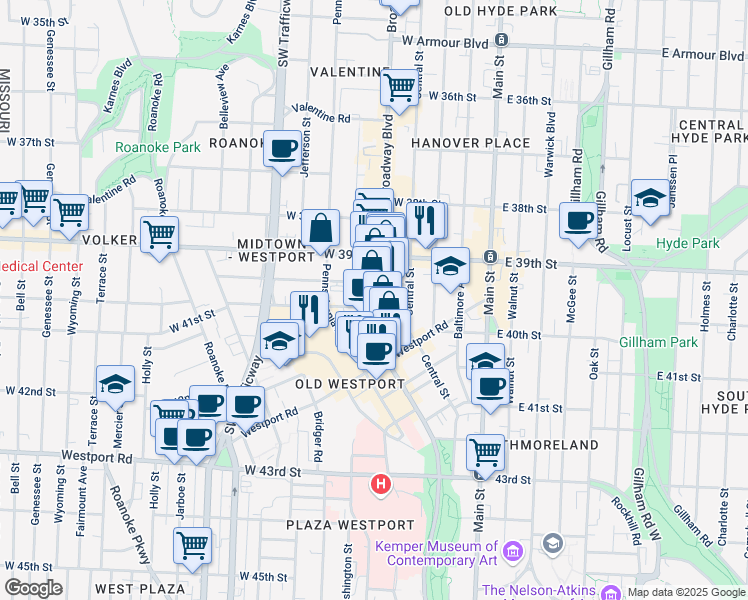 map of restaurants, bars, coffee shops, grocery stores, and more near 3917 Washington Street in Kansas City