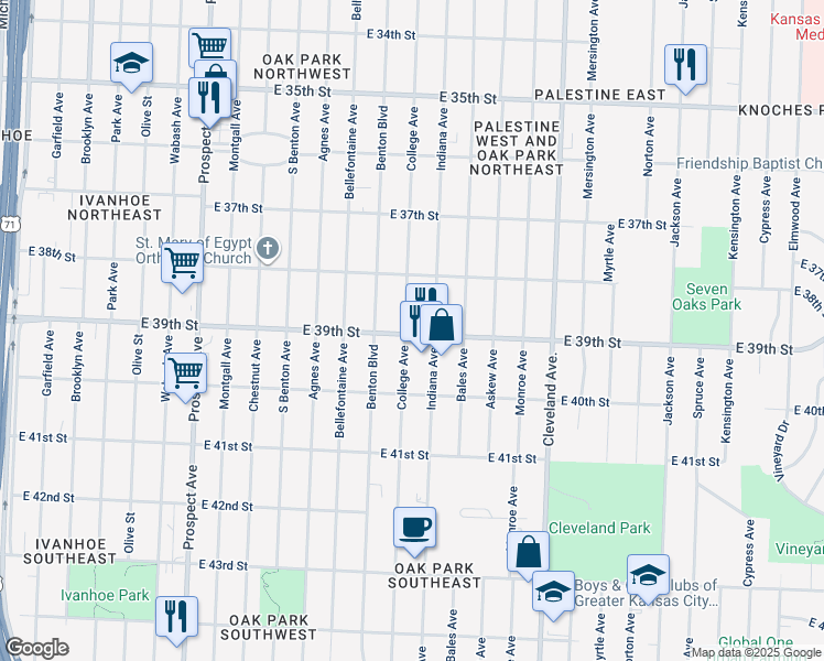 map of restaurants, bars, coffee shops, grocery stores, and more near 3847 College Avenue in Kansas City