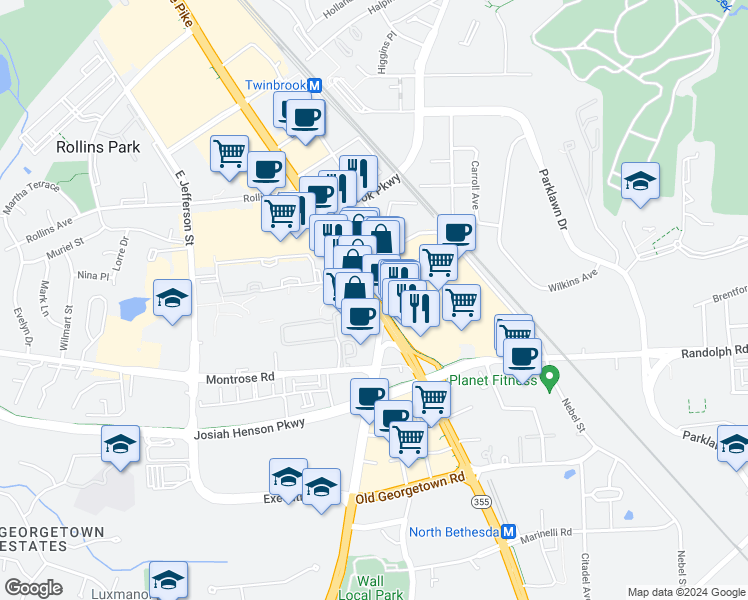 map of restaurants, bars, coffee shops, grocery stores, and more near 12059 Rockville Pike in Rockville