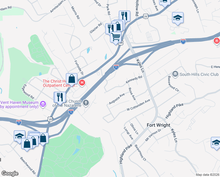 map of restaurants, bars, coffee shops, grocery stores, and more near 127 Kennedy Road in Covington