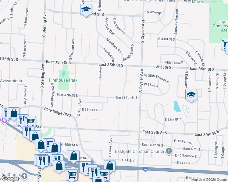 map of restaurants, bars, coffee shops, grocery stores, and more near 3613 South Forest Avenue in Independence