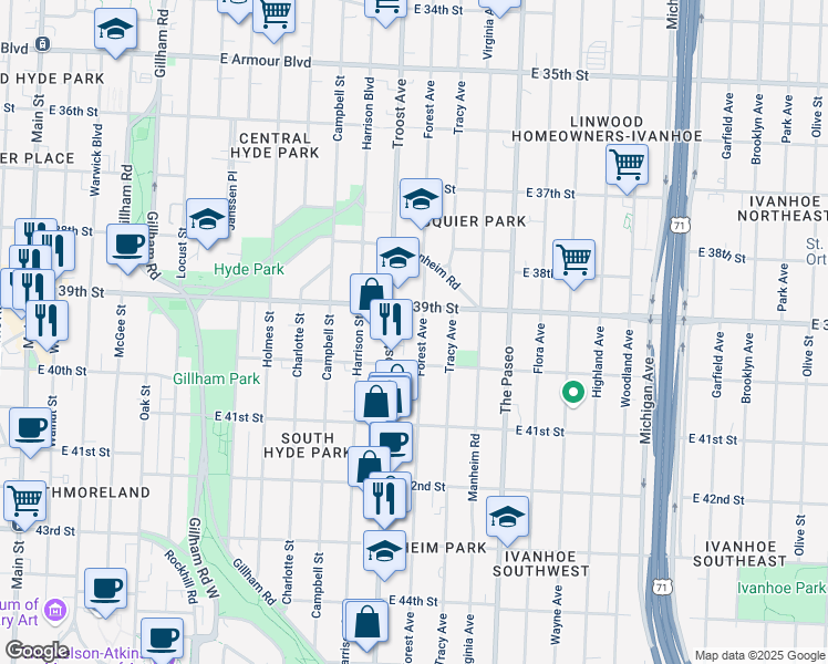 map of restaurants, bars, coffee shops, grocery stores, and more near 3911 Forest Avenue in Kansas City