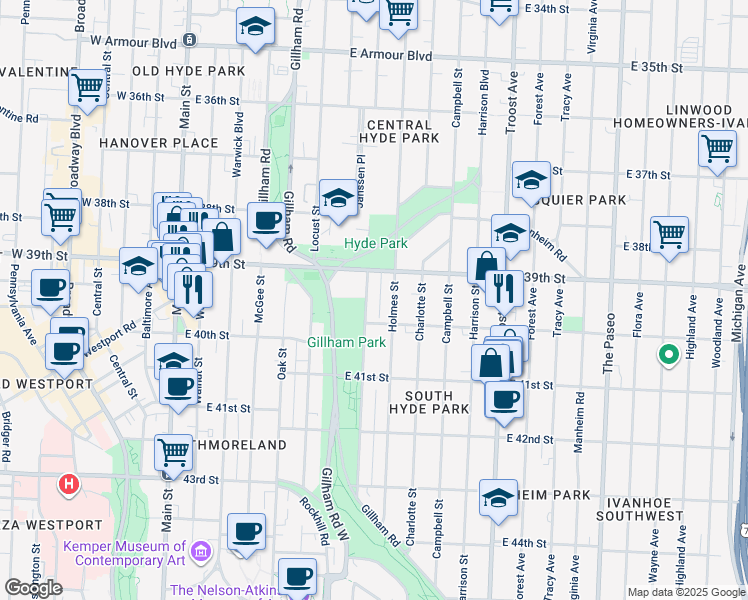 map of restaurants, bars, coffee shops, grocery stores, and more near 3923 Kenwood Avenue in Kansas City